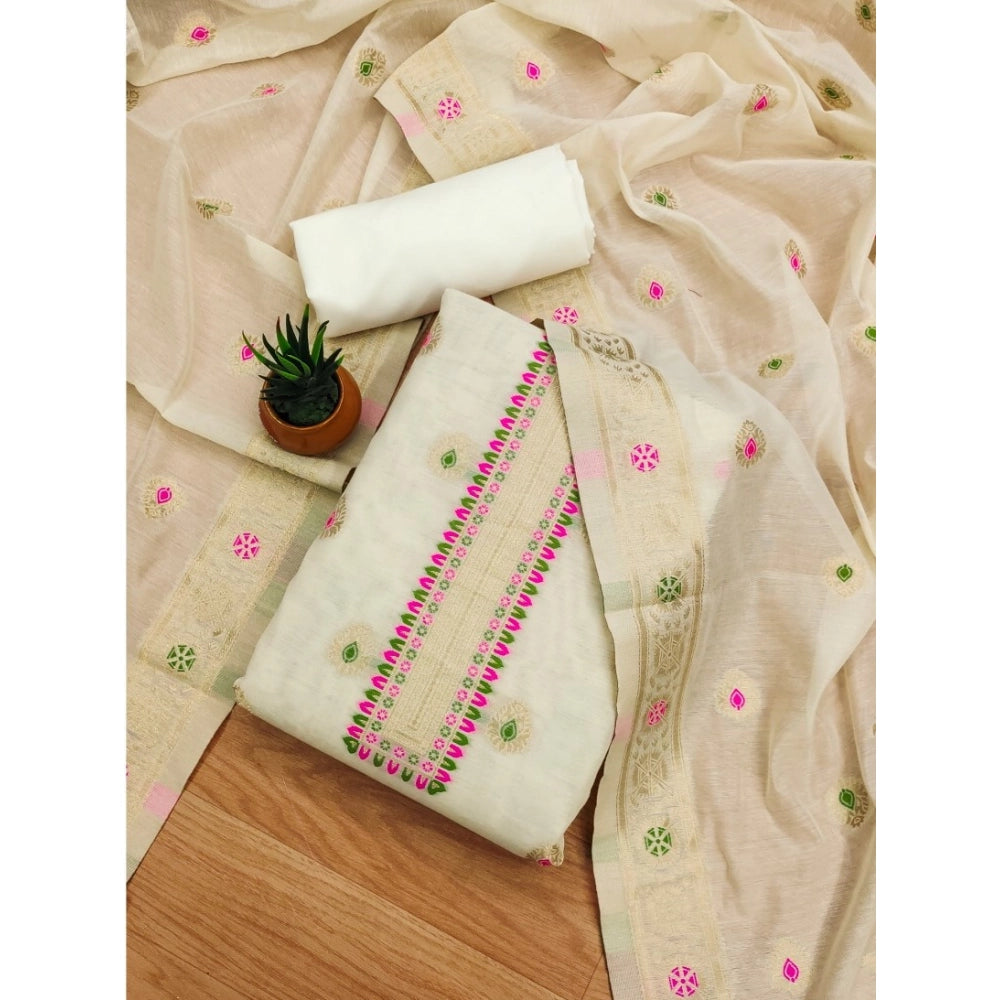 Women's Banarasi Silk Printed Unstitched Salwar Suit Material With Dupatta (White, 3Mtrs) - VANSHELLE