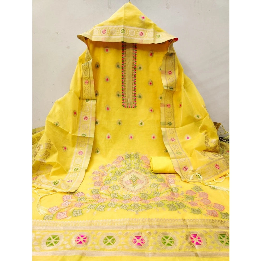 Women's Banarasi Silk Printed Unstitched Salwar Suit Material With Dupatta (Yellow, 3Mtrs) - VANSHELLE