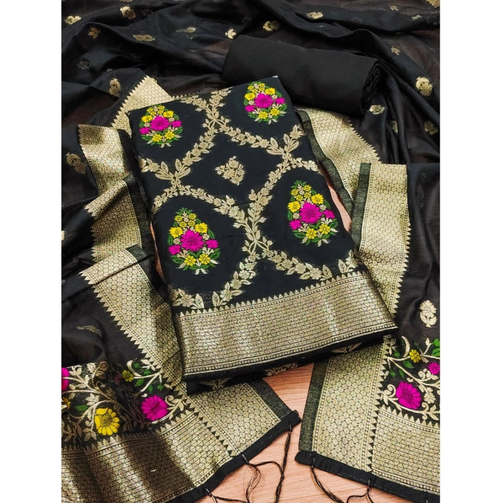 Women's Banarasi Silk Printed Unstitched Salwar Suit Material With Dupatta (Black, 3Mtrs) - VANSHELLE