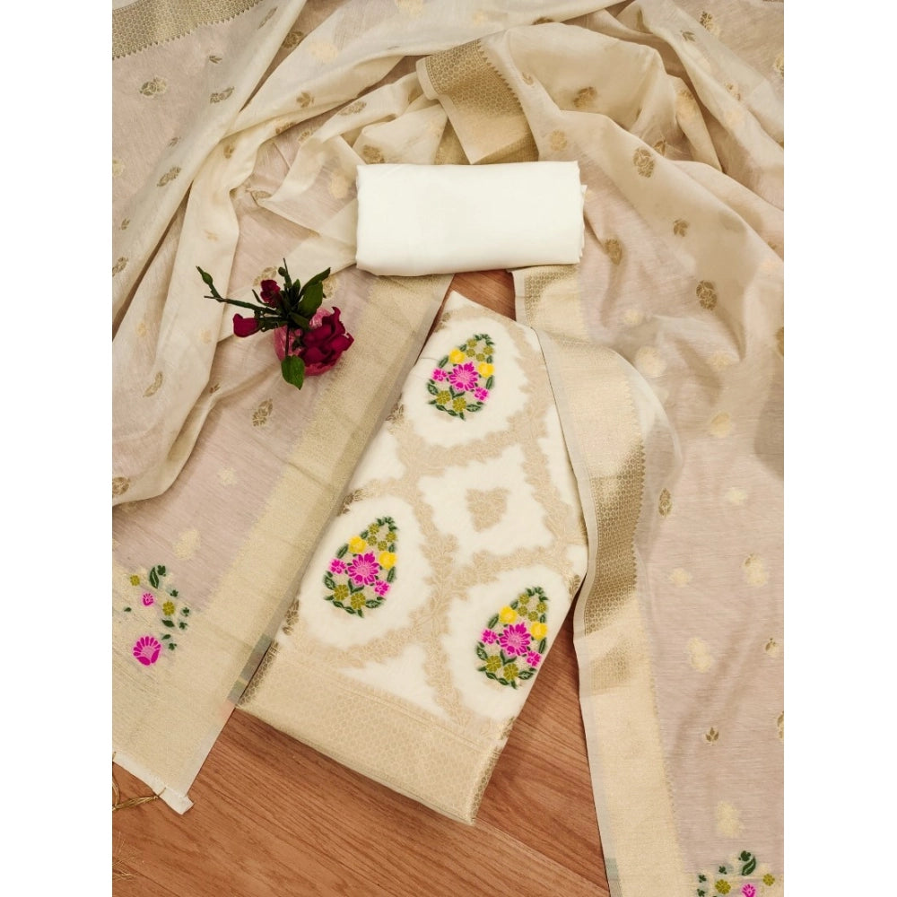 Women's Banarasi Silk Printed Unstitched Salwar Suit Material With Dupatta (White, 3Mtrs) - VANSHELLE