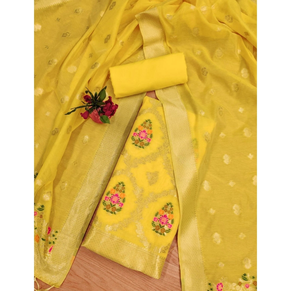 Women's Banarasi Silk Printed Unstitched Salwar Suit Material With Dupatta (Yellow, 3Mtrs) - VANSHELLE