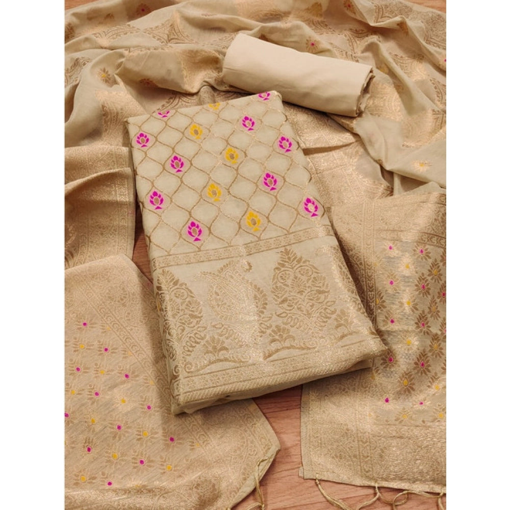 Women's Banarasi Silk Printed Unstitched Salwar Suit Material With Dupatta (Cream, 3Mtrs) - VANSHELLE