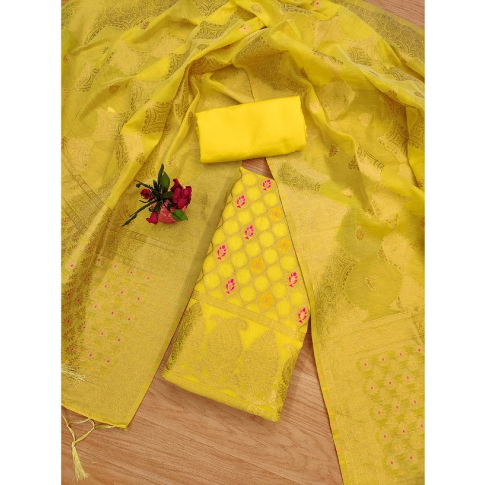 Women's Banarasi Silk Printed Unstitched Salwar Suit Material With Dupatta (Yellow, 3Mtrs) - VANSHELLE