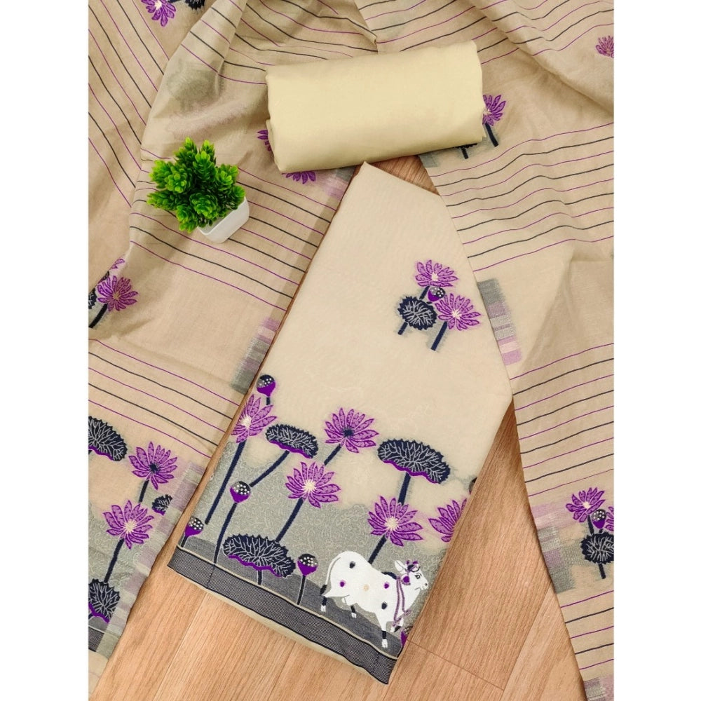 Women's Banarasi Silk Printed Unstitched Salwar Suit Material With Dupatta (Cream, 3Mtrs) - VANSHELLE