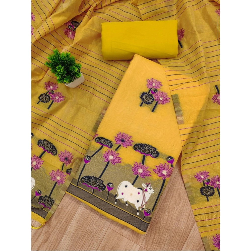 Women's Banarasi Silk Printed Unstitched Salwar Suit Material With Dupatta (Yellow, 3Mtrs) - VANSHELLE