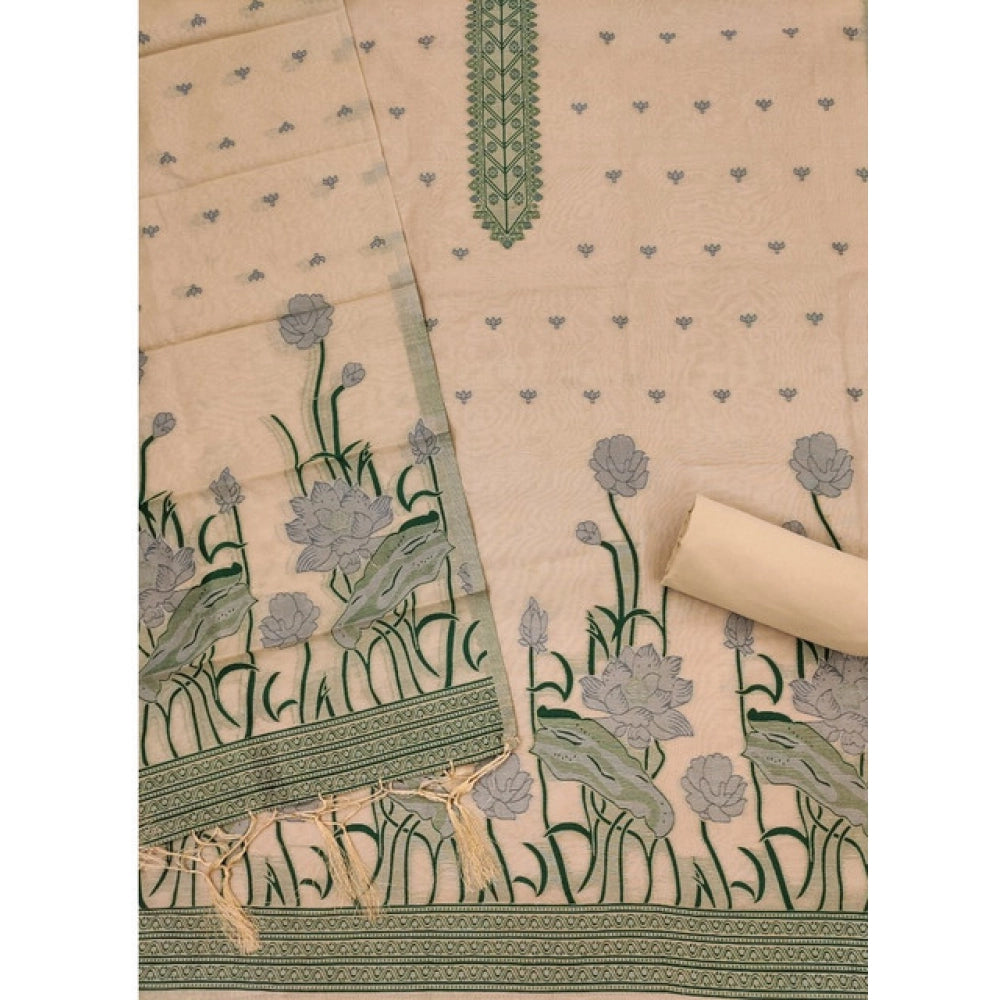 Women's Banarasi Silk Printed Unstitched Salwar Suit Material With Dupatta (Cream, 3Mtrs) - VANSHELLE