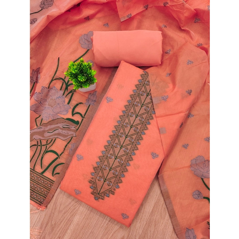 Women's Banarasi Silk Printed Unstitched Salwar Suit Material With Dupatta (Peach, 3Mtrs) - VANSHELLE