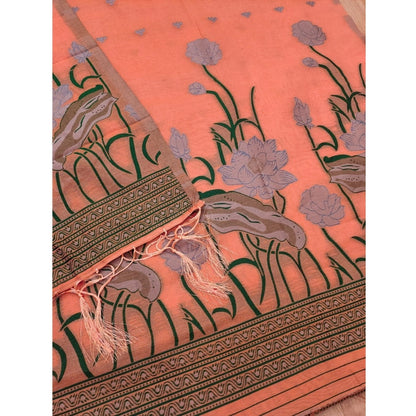 Women's Banarasi Silk Printed Unstitched Salwar Suit Material With Dupatta (Peach, 3Mtrs)