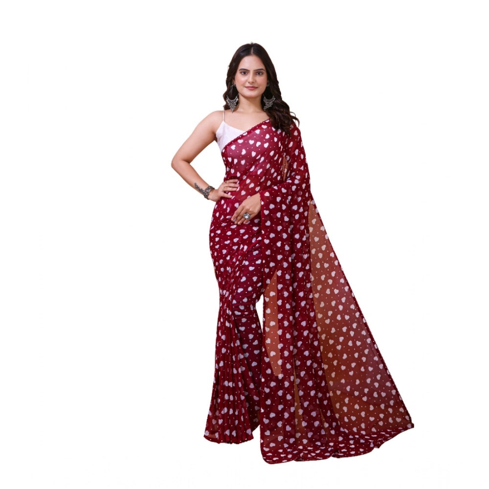 Women's Georgette Printed Saree With Unstitched Blouse 5.5Mtr (Maroon) - VANSHELLE