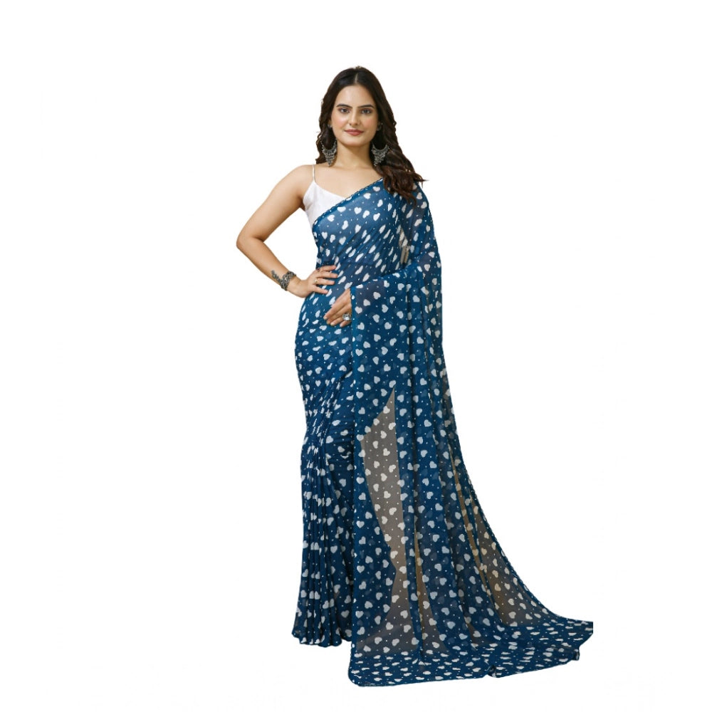 Women's Georgette Printed Saree With Unstitched Blouse 5.5Mtr (Blue) - VANSHELLE