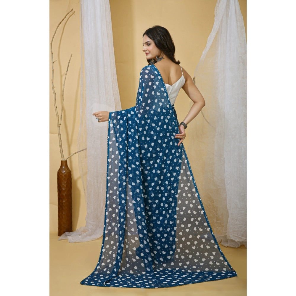Women's Georgette Printed Saree With Unstitched Blouse 5.5Mtr (Blue) - VANSHELLE