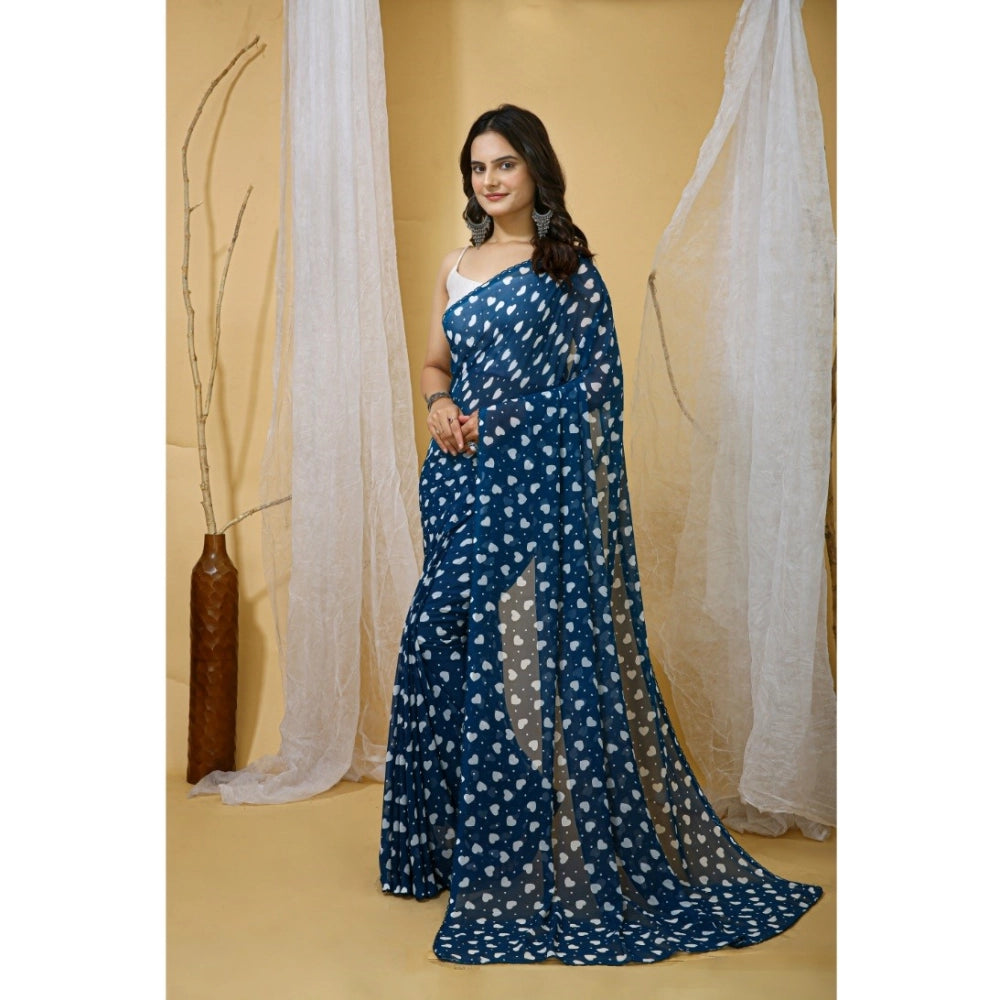 Women's Georgette Printed Saree With Unstitched Blouse 5.5Mtr (Blue) - VANSHELLE