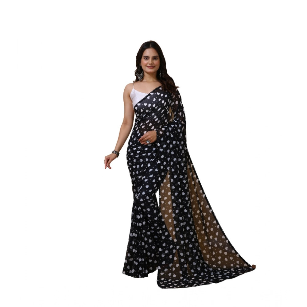 Women's Georgette Printed Saree With Unstitched Blouse 5.5Mtr (Black) - VANSHELLE