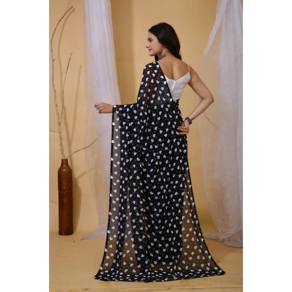 Women's Georgette Printed Saree With Unstitched Blouse 5.5Mtr (Black) - VANSHELLE