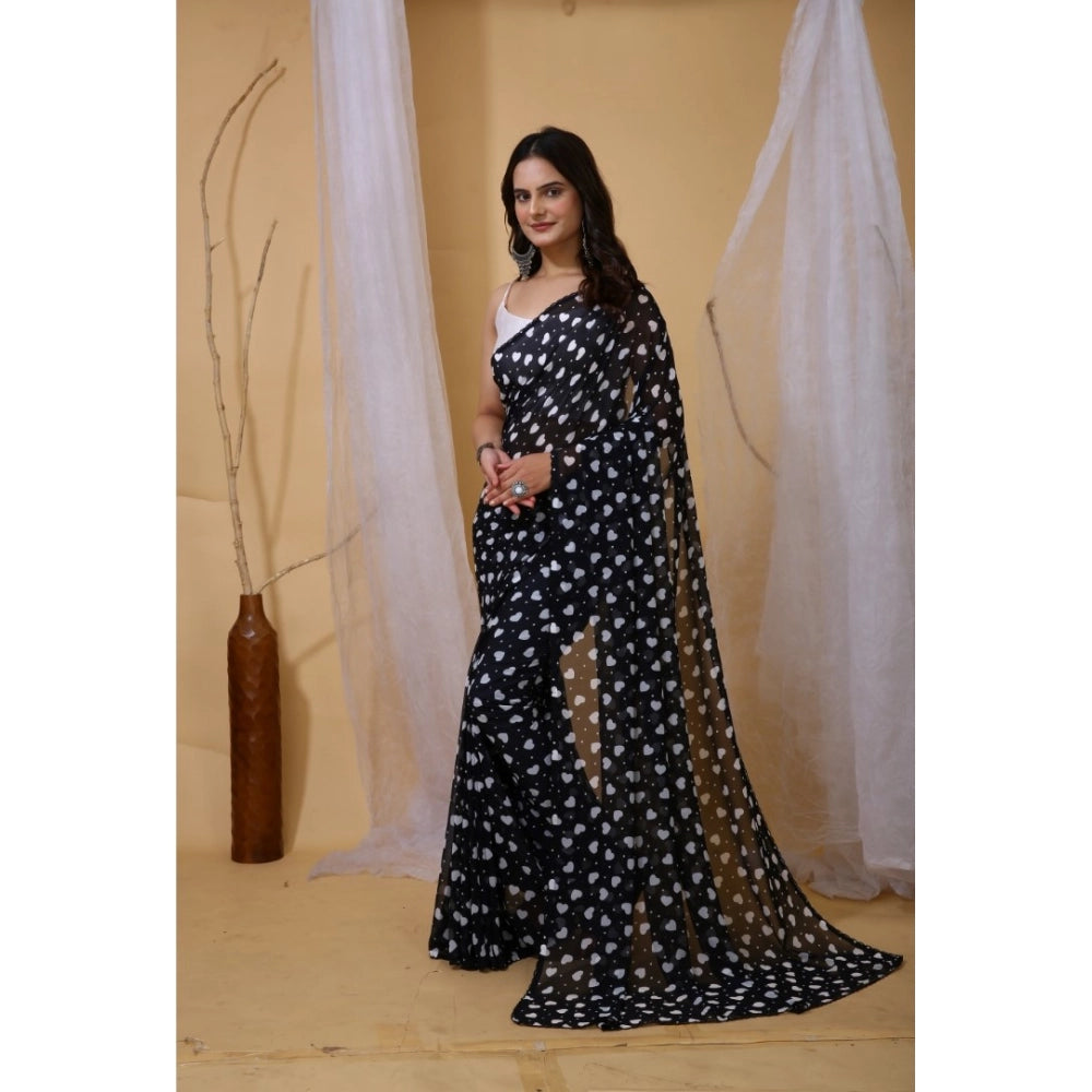 Women's Georgette Printed Saree With Unstitched Blouse 5.5Mtr (Black) - VANSHELLE