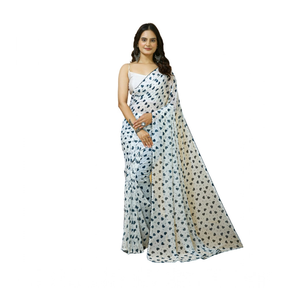 Women's Georgette Printed Saree With Unstitched Blouse 5.5Mtr (White) - VANSHELLE