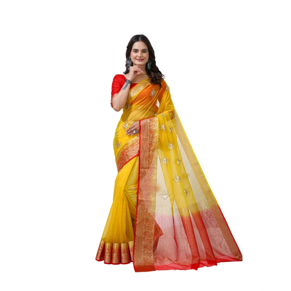 Women'S Organza Jacquard Embellished Saree With Unstitched Blo