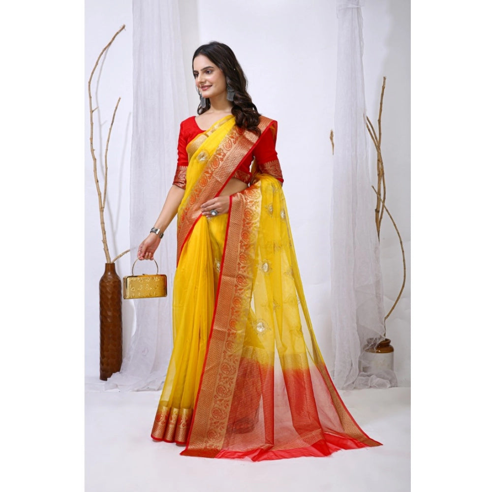 Women'S Organza Jacquard Embellished Saree With Unstitched Blo