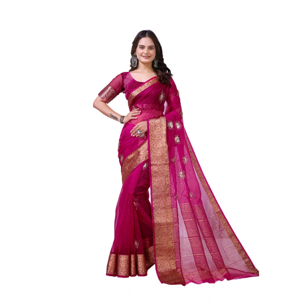Women'S Organza Jacquard Embellished Saree With Unstitched Blo