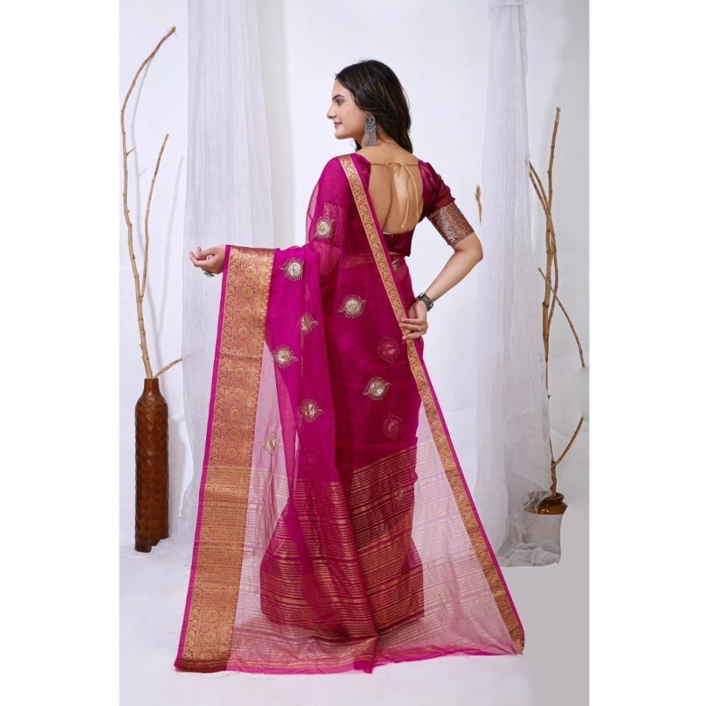 Women'S Organza Jacquard Embellished Saree With Unstitched Blo