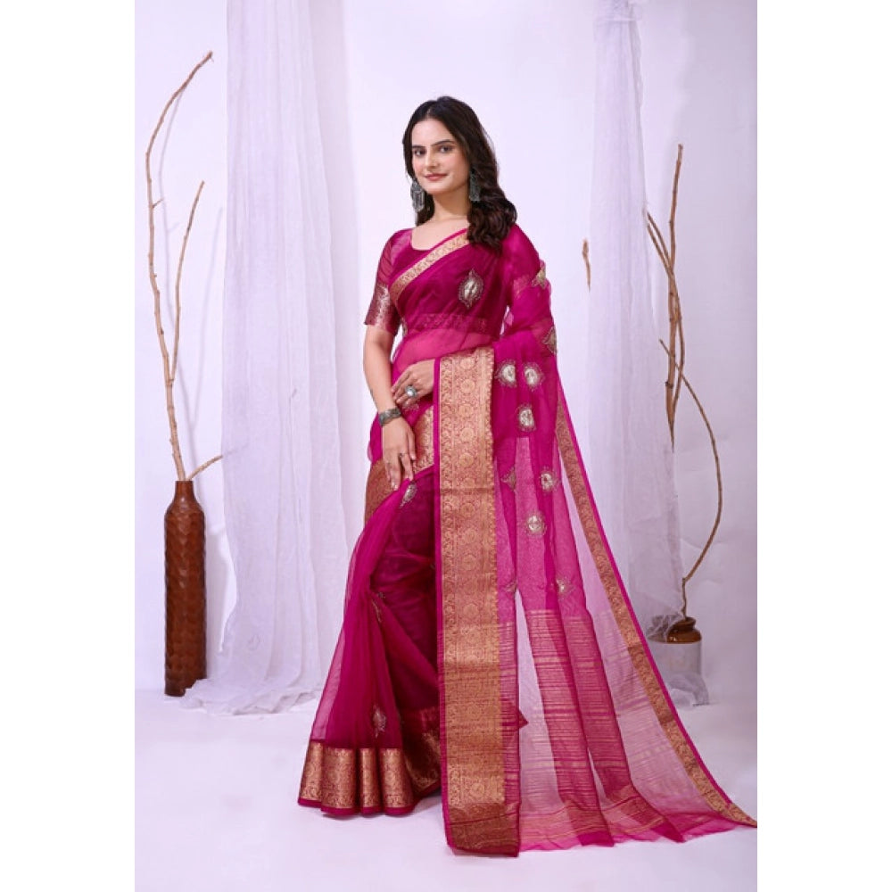 Women'S Organza Jacquard Embellished Saree With Unstitched Blo