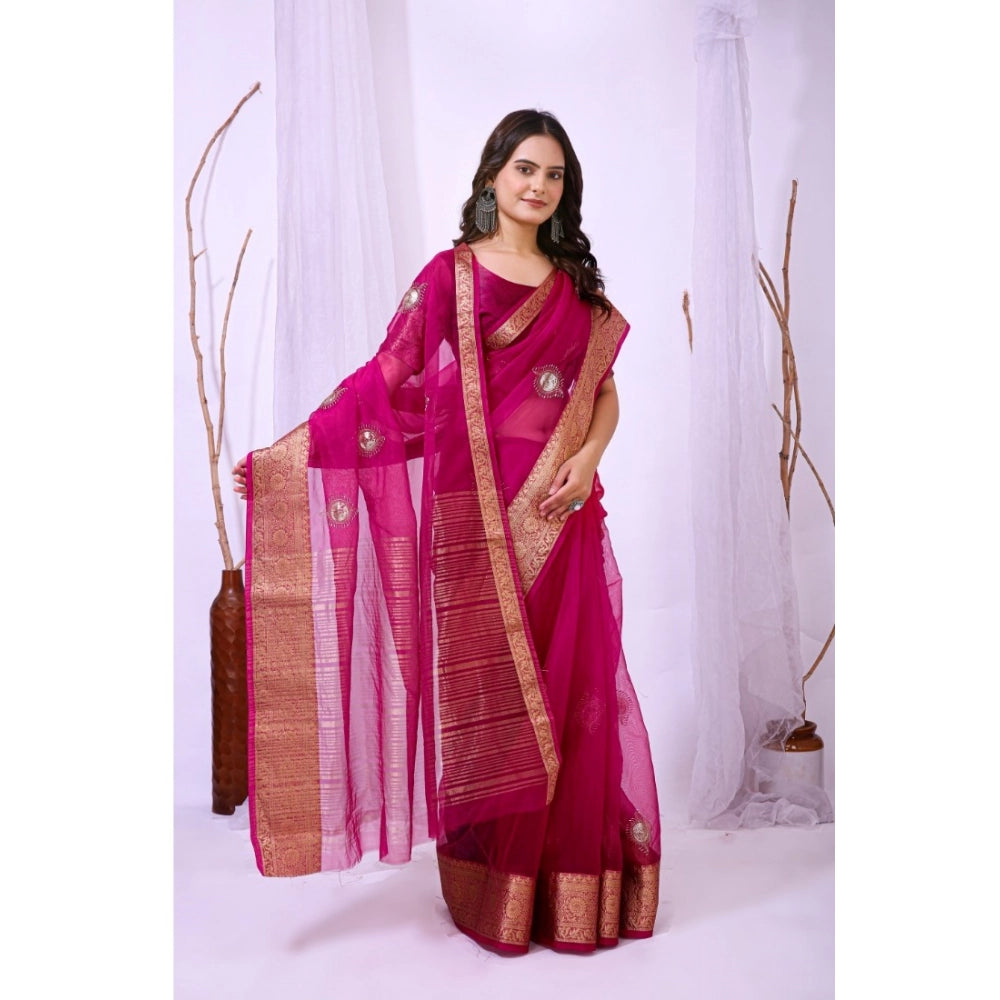 Women'S Organza Jacquard Embellished Saree With Unstitched Blo