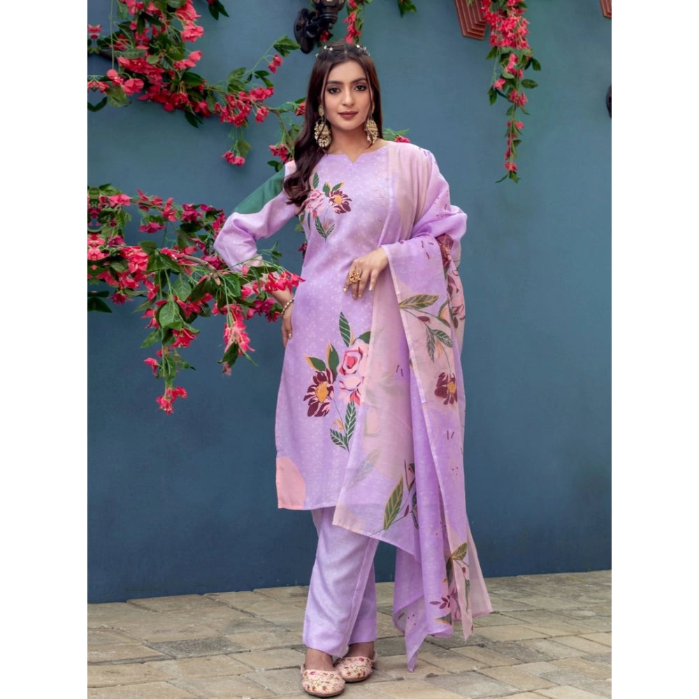 Women'S Cotton Blend Printed Kurti With Pant Dupatta Set (Lave