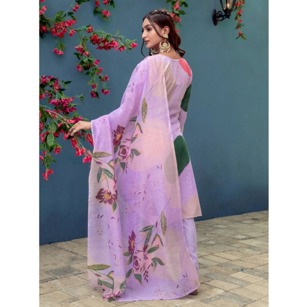 Women'S Cotton Blend Printed Kurti With Pant Dupatta Set (Lave