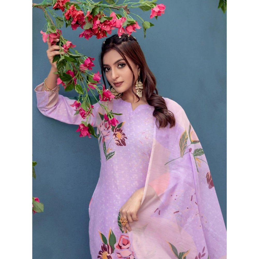 Women'S Cotton Blend Printed Kurti With Pant Dupatta Set (Lave