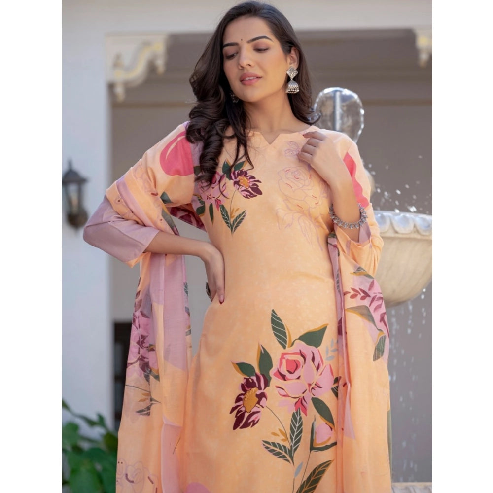 Women'S Cotton Blend Printed Kurti With Pant Dupatta Set (Oran