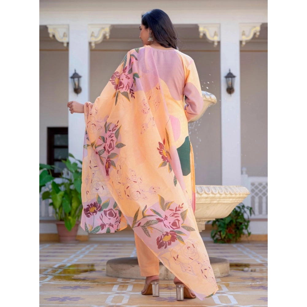 Women'S Cotton Blend Printed Kurti With Pant Dupatta Set (Oran