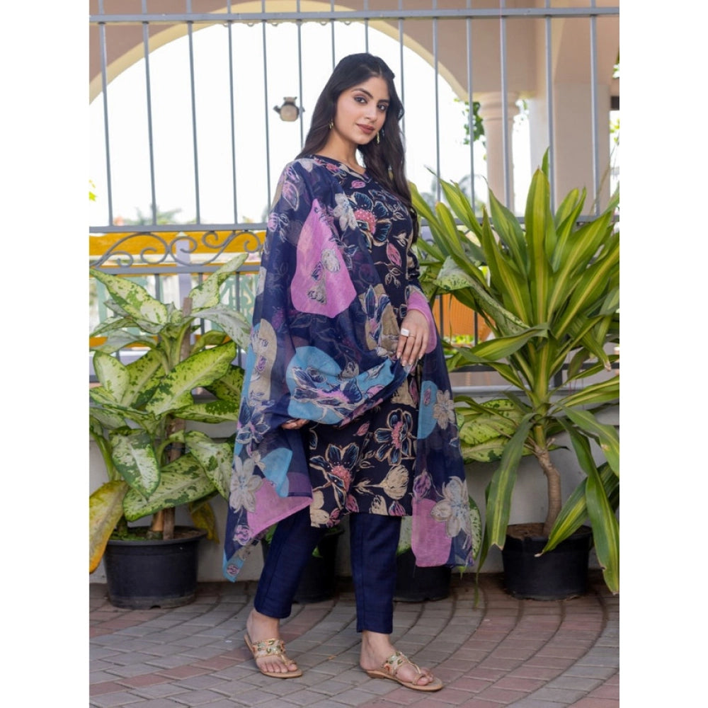 Women'S Cotton Blend Printed Kurti With Pant Dupatta Set (Navy