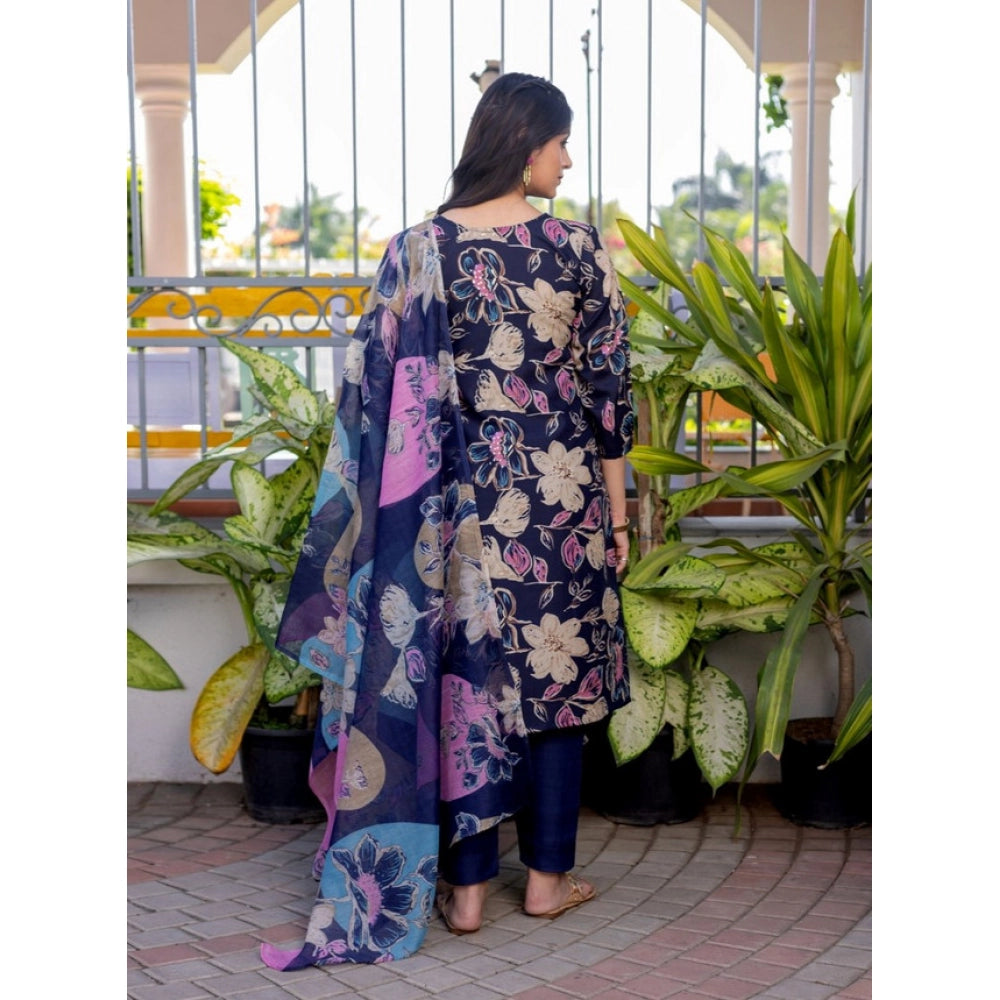 Women'S Cotton Blend Printed Kurti With Pant Dupatta Set (Navy