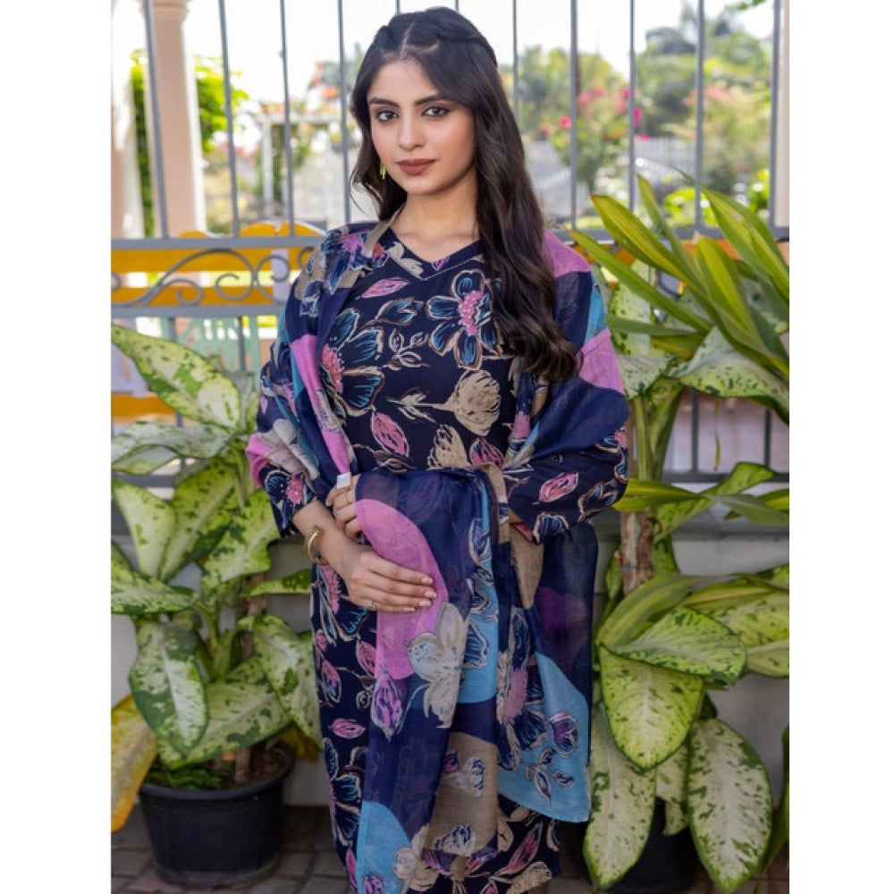 Women'S Cotton Blend Printed Kurti With Pant Dupatta Set (Navy