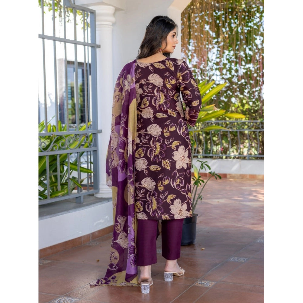 Women'S Cotton Blend Printed Kurti With Pant Dupatta Set (Purp