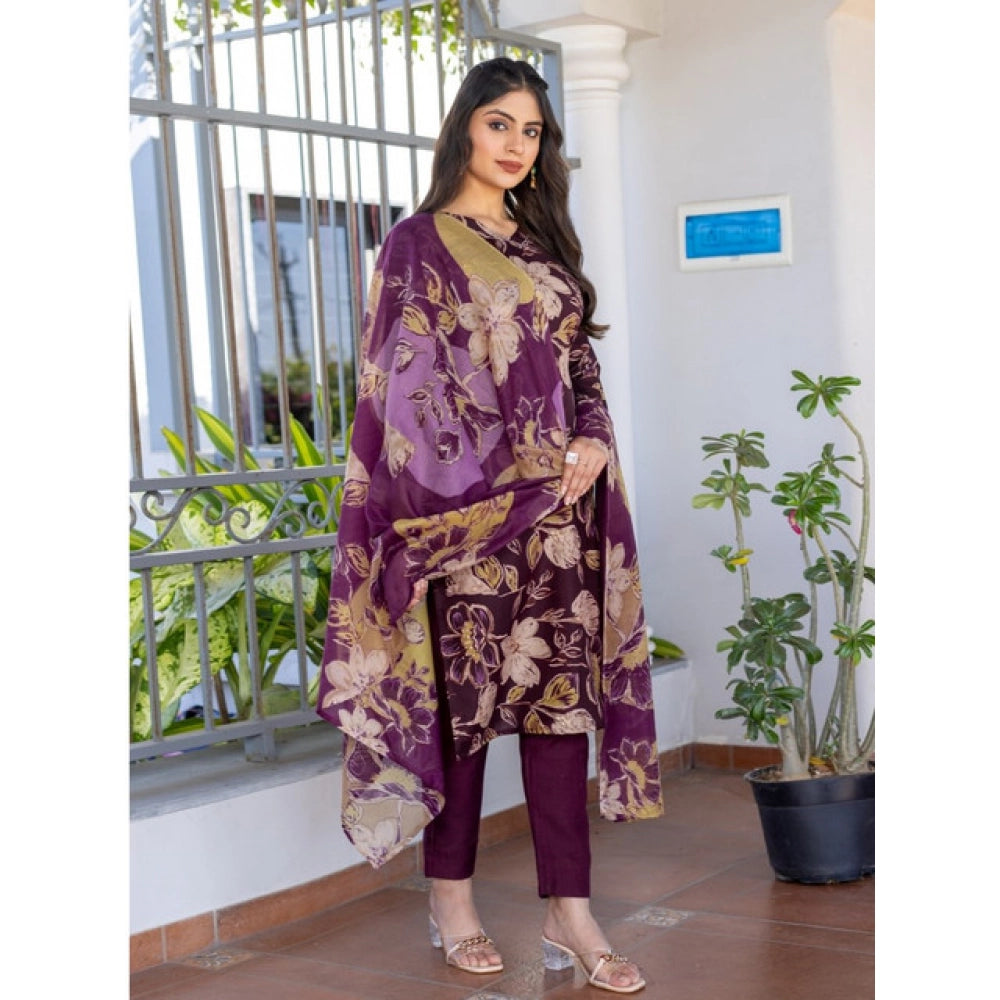 Women'S Cotton Blend Printed Kurti With Pant Dupatta Set (Purp