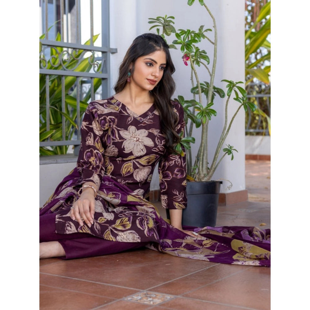 Women'S Cotton Blend Printed Kurti With Pant Dupatta Set (Purp