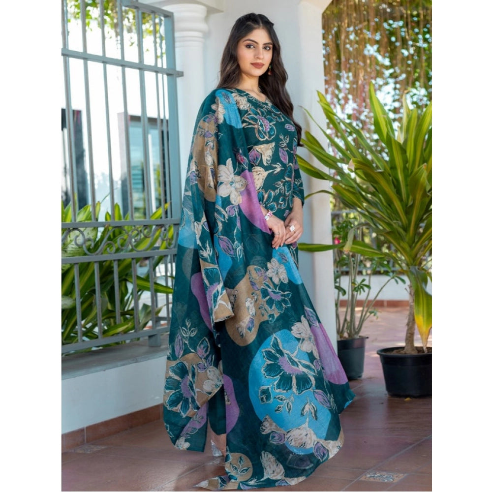 Women'S Cotton Blend Printed Kurti With Pant Dupatta Set (Rama