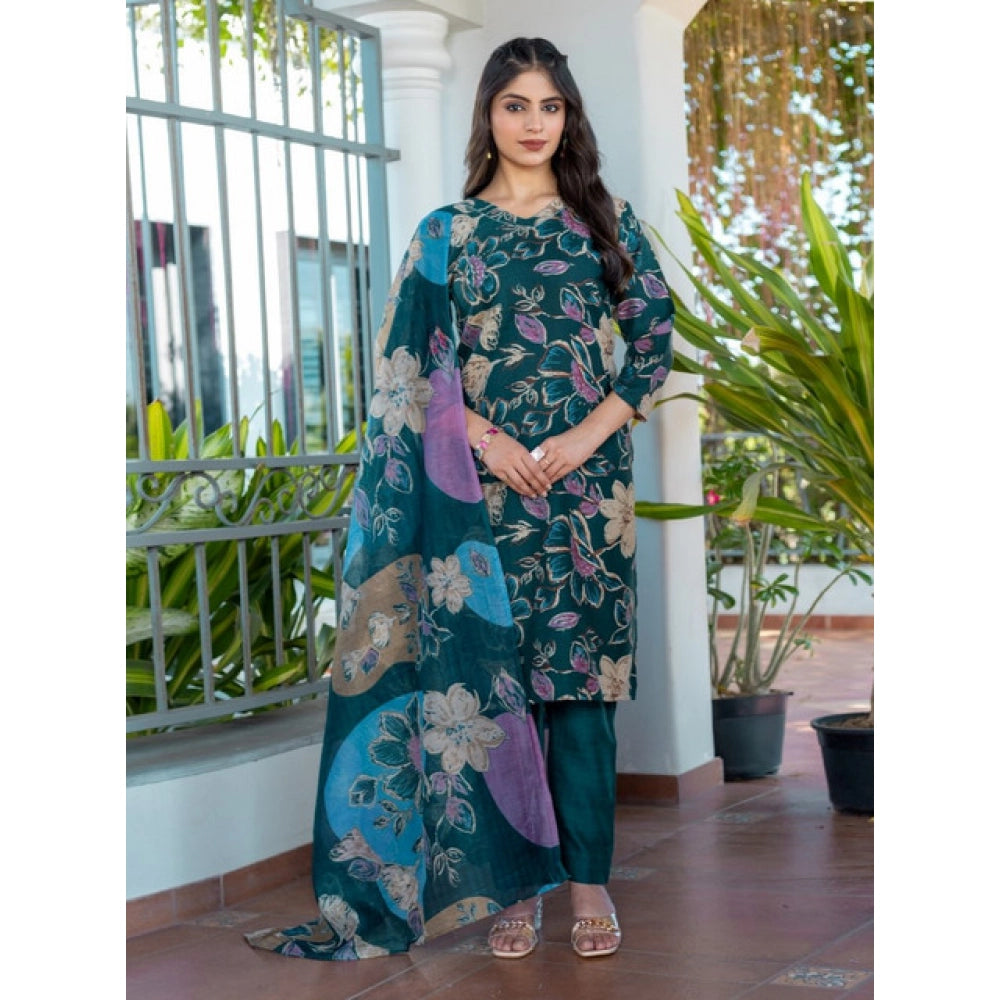 Women'S Cotton Blend Printed Kurti With Pant Dupatta Set (Rama