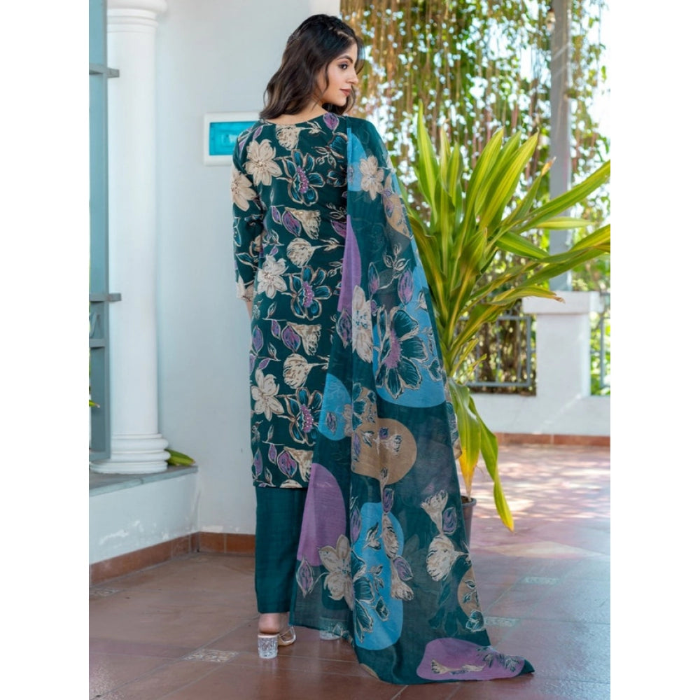 Women'S Cotton Blend Printed Kurti With Pant Dupatta Set (Rama
