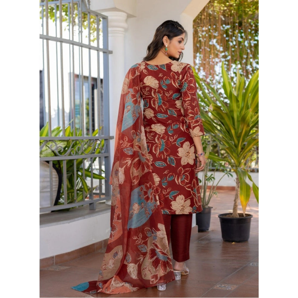Women'S Cotton Blend Printed Kurti With Pant Dupatta Set (Rust