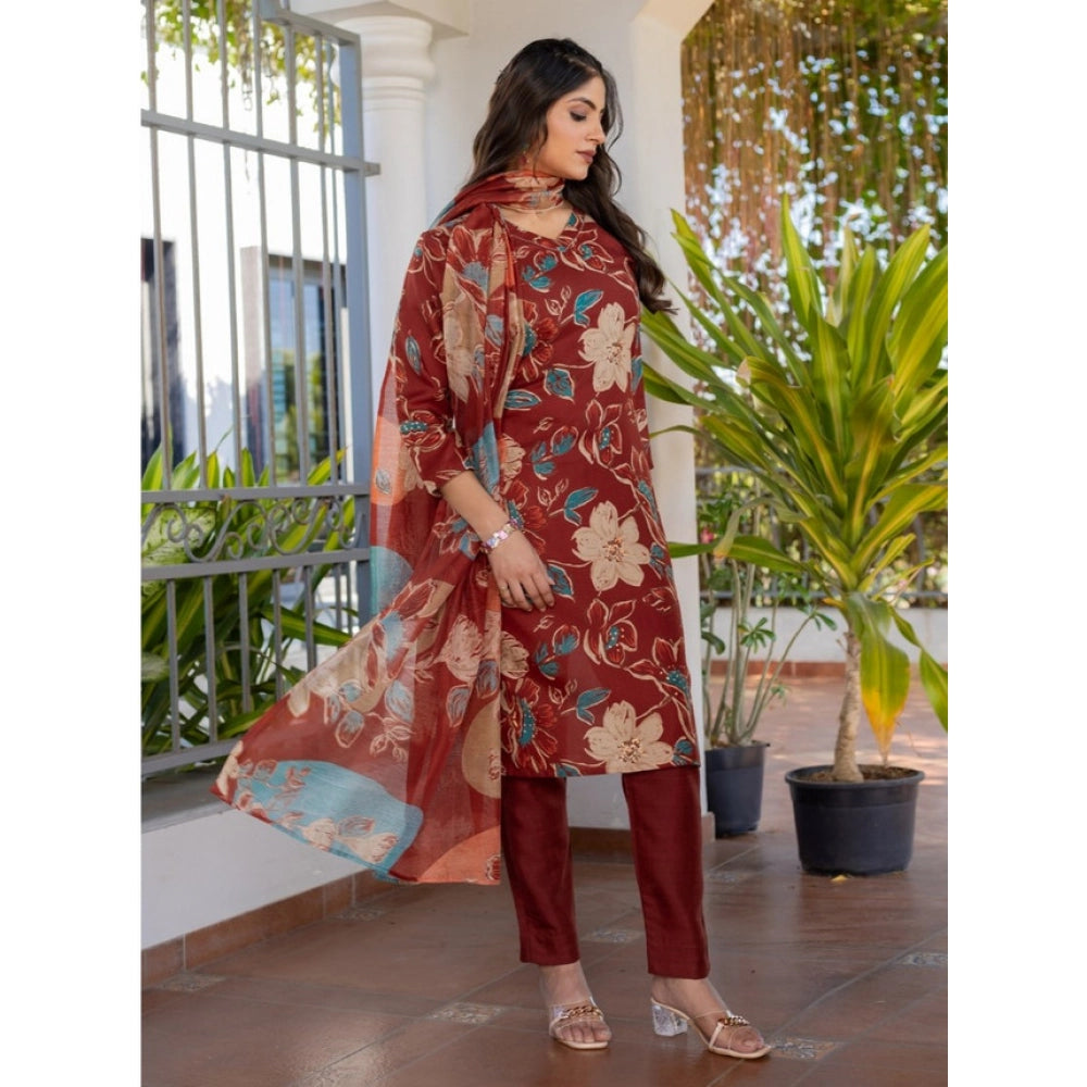 Women'S Cotton Blend Printed Kurti With Pant Dupatta Set (Rust