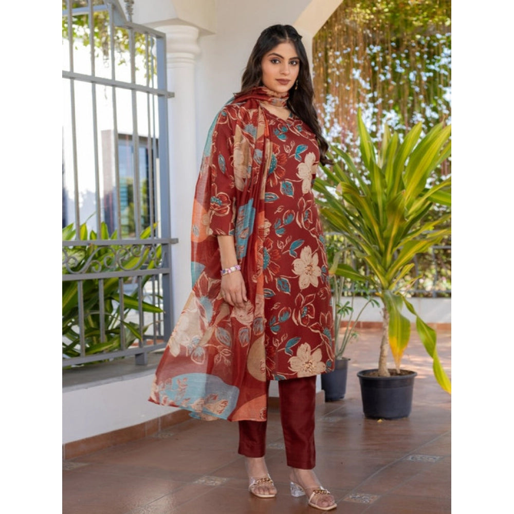 Women'S Cotton Blend Printed Kurti With Pant Dupatta Set (Rust