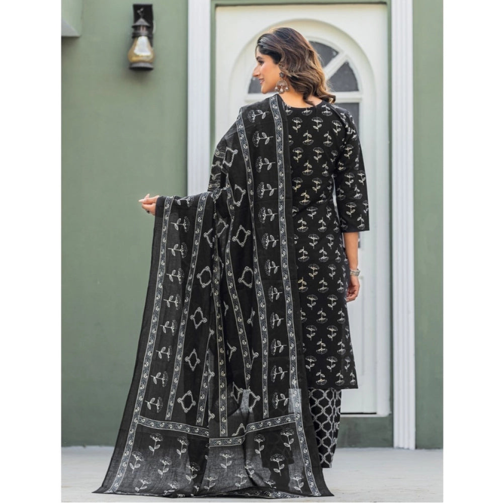Women's Cotton Blend Printed Kurti With Pant Dupatta Set - Black