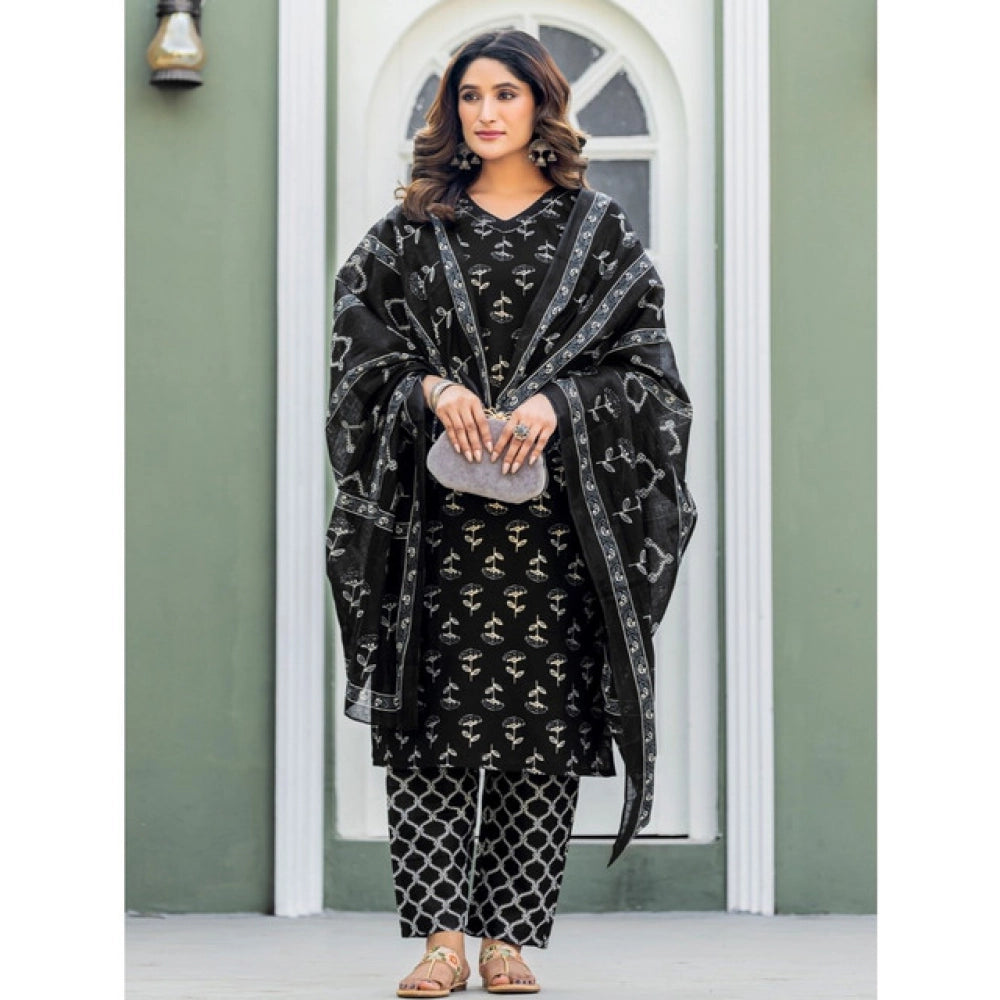Women's Cotton Blend Printed Kurti With Pant Dupatta Set - Black