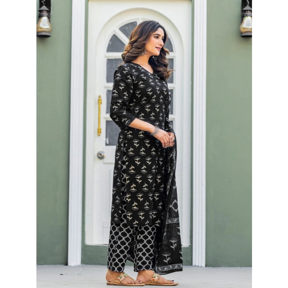 Women's Cotton Blend Printed Kurti With Pant Dupatta Set - Black