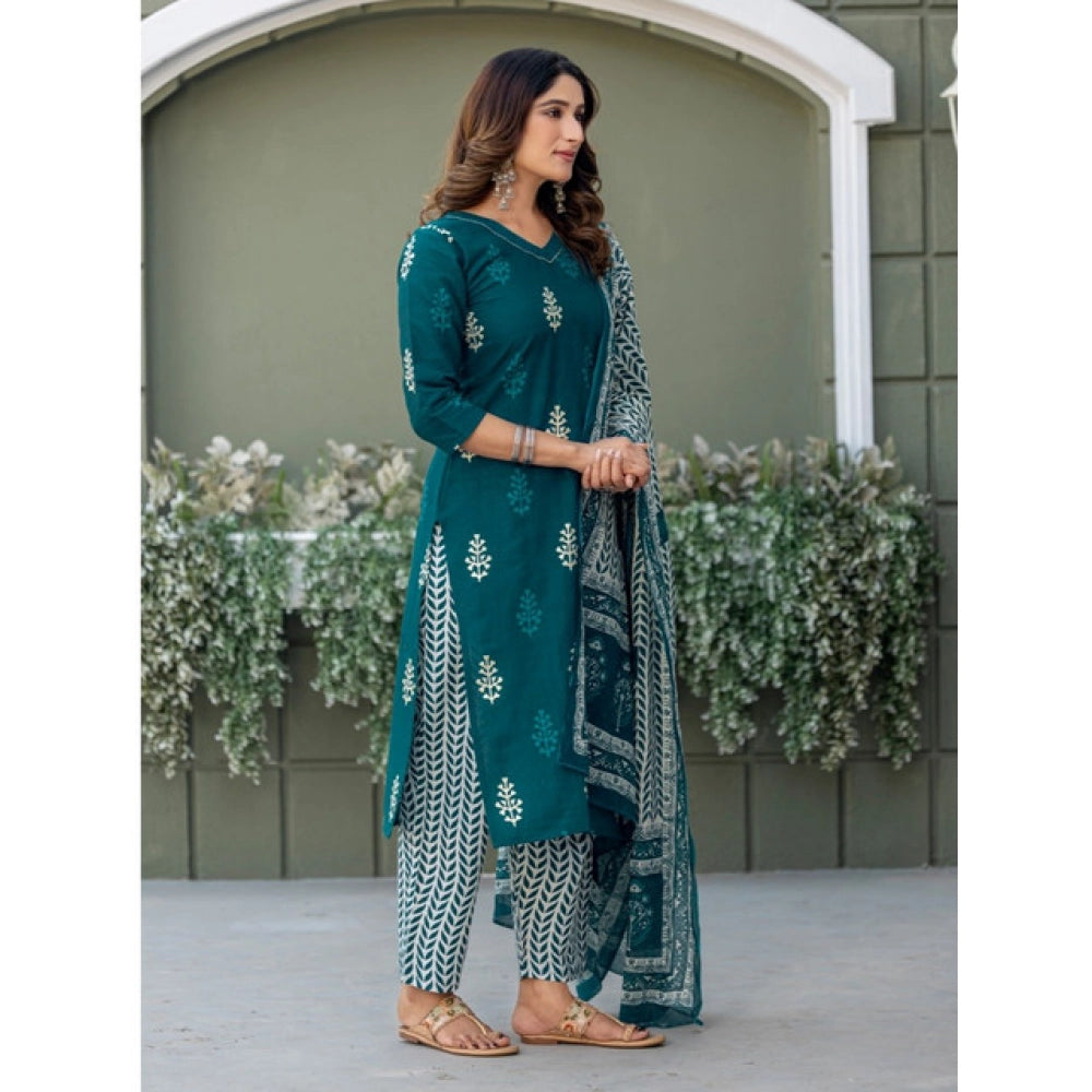 Women'S Cotton Blend Printed Kurti With Pant Dupatta Set (Morp
