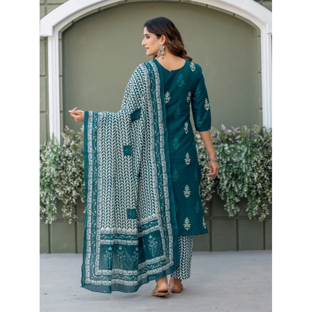 Women'S Cotton Blend Printed Kurti With Pant Dupatta Set (Morp