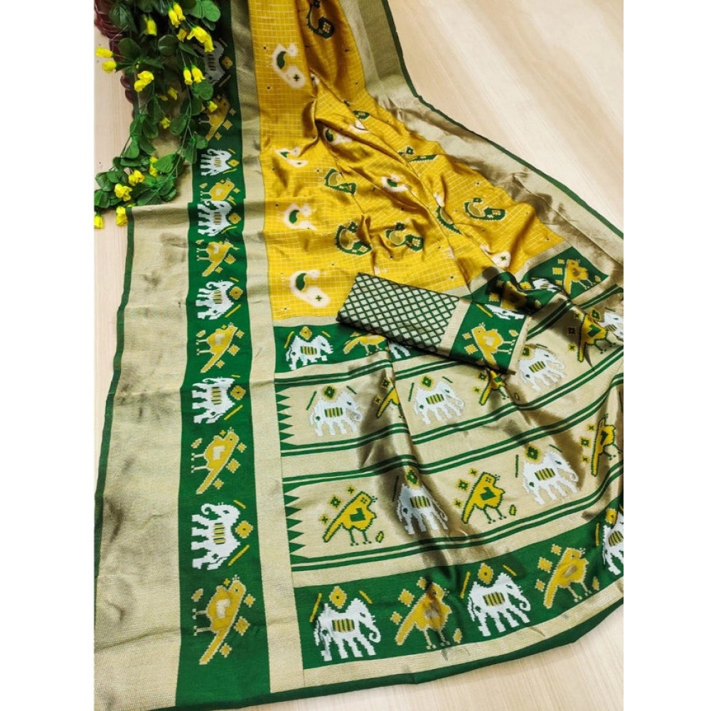 Women's Soft Litchi Silk Jacquard Work Saree With Unstitched Blouse 5.5Mtr (Yellow-Green) - VANSHELLE