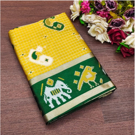 Women's Soft Litchi Silk Jacquard Work Saree With Unstitched Blouse 5.5Mtr (Yellow-Green) - VANSHELLE